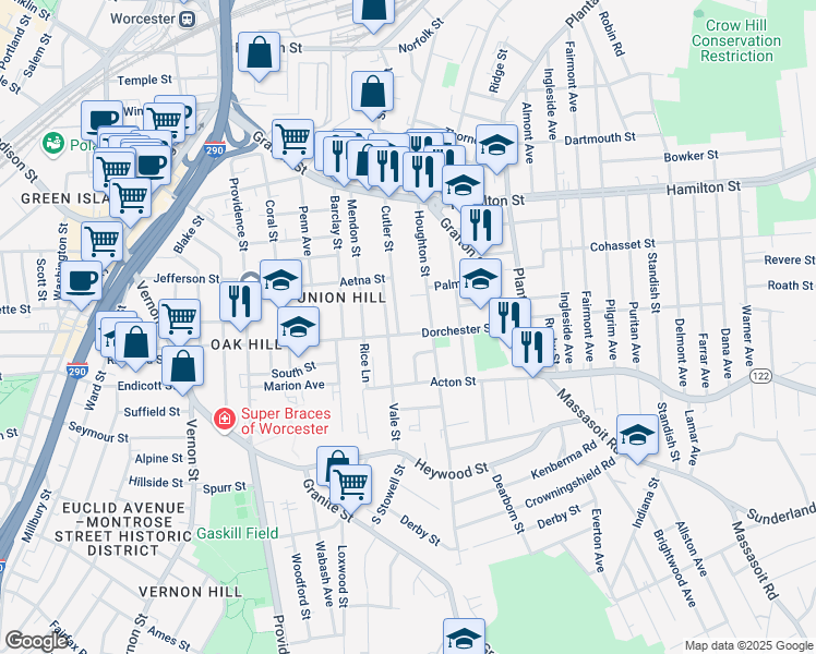 map of restaurants, bars, coffee shops, grocery stores, and more near 127 Dorchester Street in Worcester