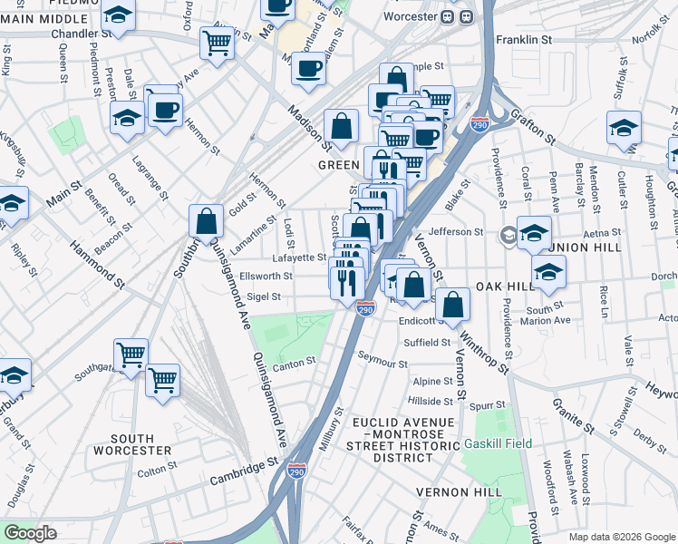 map of restaurants, bars, coffee shops, grocery stores, and more near 11 Ellsworth Street in Worcester