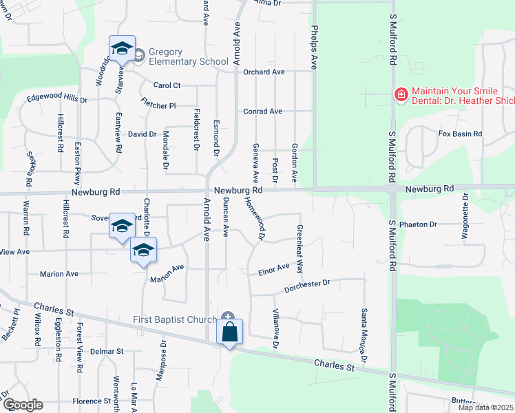 map of restaurants, bars, coffee shops, grocery stores, and more near 1517 Homewood Drive in Rockford