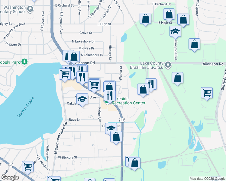 map of restaurants, bars, coffee shops, grocery stores, and more near 655 Deepwoods Drive in Mundelein