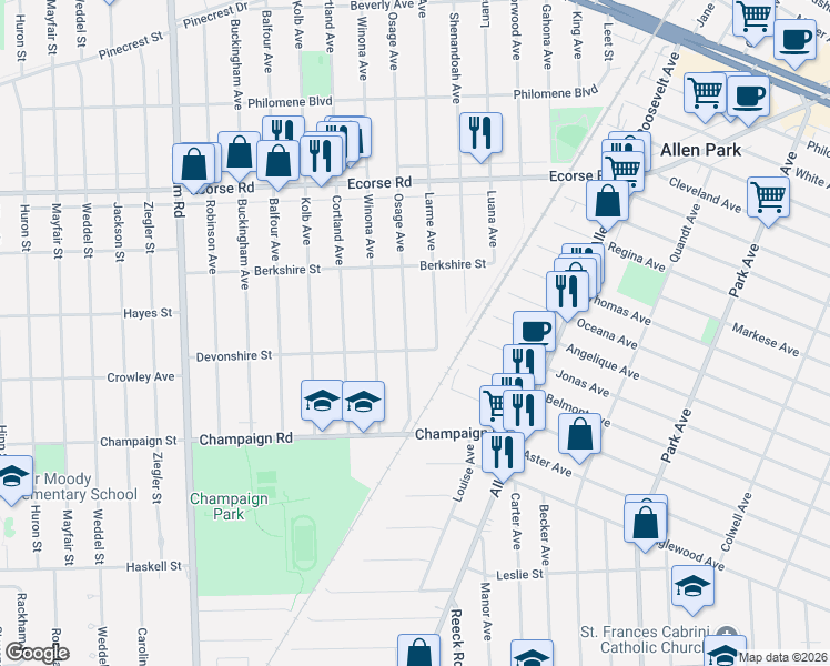map of restaurants, bars, coffee shops, grocery stores, and more near 756 Larme Avenue in Allen Park