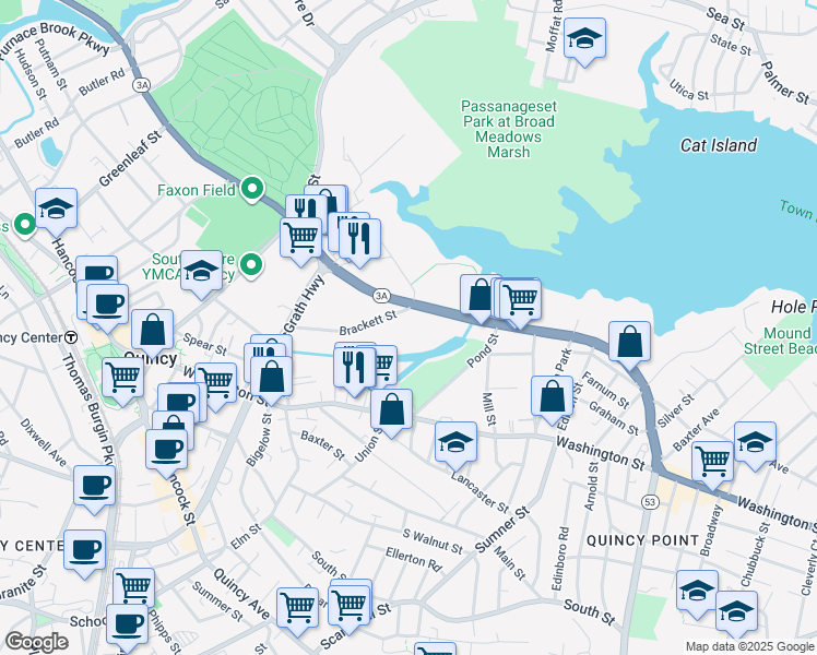 map of restaurants, bars, coffee shops, grocery stores, and more near 99 Brackett Street in Quincy
