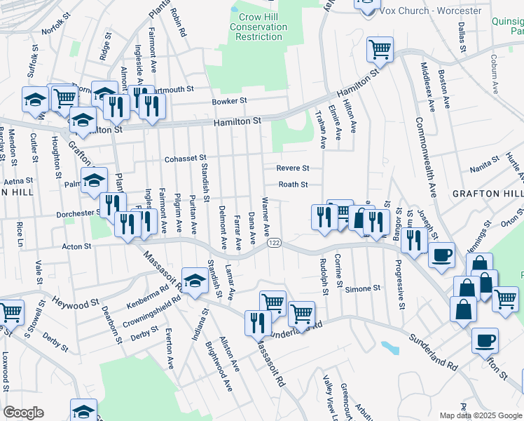 map of restaurants, bars, coffee shops, grocery stores, and more near 108 Warner Avenue in Worcester