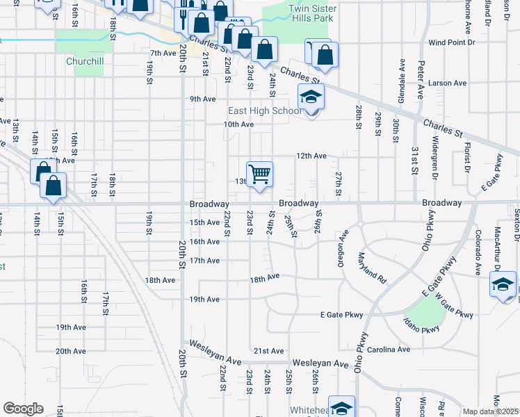 map of restaurants, bars, coffee shops, grocery stores, and more near 2711 Broadway in Rockford