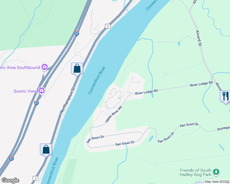 map of restaurants, bars, coffee shops, grocery stores, and more near 2 Promenade Way in South Hadley