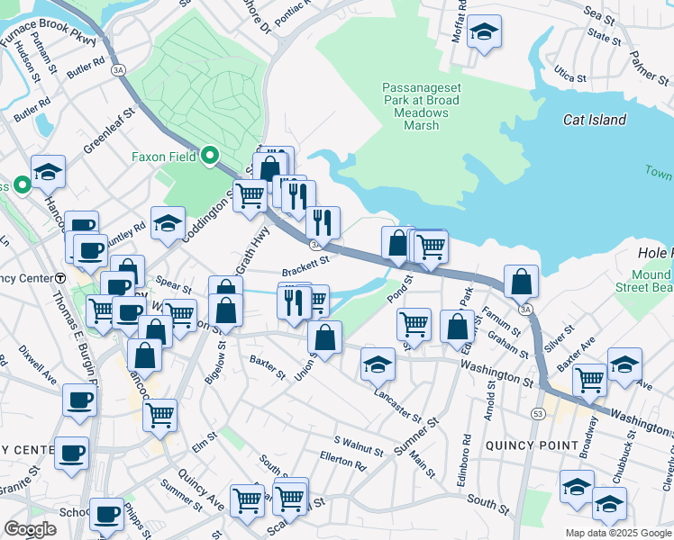 map of restaurants, bars, coffee shops, grocery stores, and more near 99 Brackett Street in Quincy