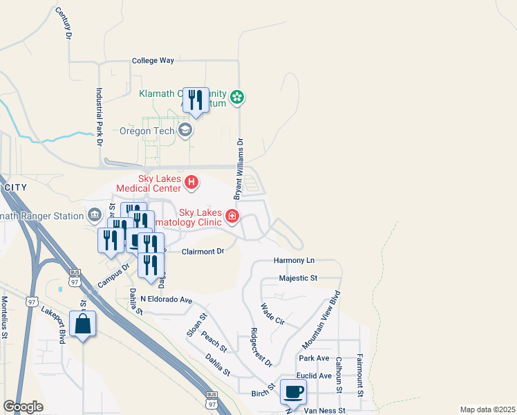 map of restaurants, bars, coffee shops, grocery stores, and more near 1000 Town Center Drive in Klamath Falls