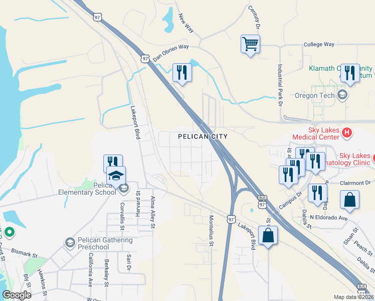 map of restaurants, bars, coffee shops, grocery stores, and more near 3420 Chelsea Street in Klamath Falls