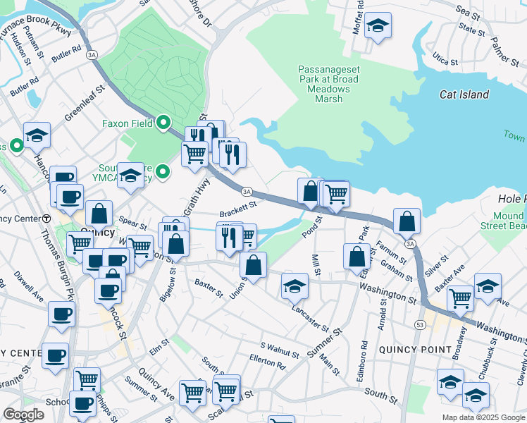 map of restaurants, bars, coffee shops, grocery stores, and more near 99 Brackett Street in Quincy