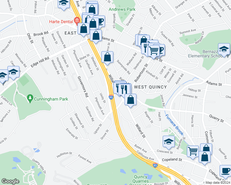 map of restaurants, bars, coffee shops, grocery stores, and more near 97 Willard Street in Quincy
