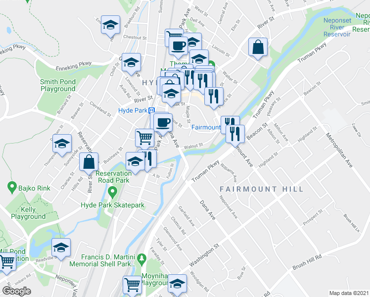 map of restaurants, bars, coffee shops, grocery stores, and more near 58 Dana Avenue in Boston