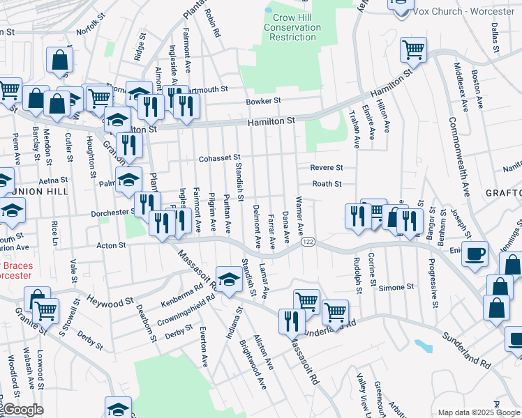 map of restaurants, bars, coffee shops, grocery stores, and more near 118 Farrar Avenue in Worcester