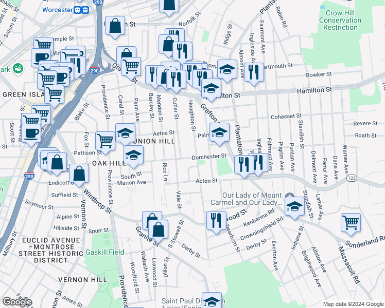 map of restaurants, bars, coffee shops, grocery stores, and more near 144 Dorchester Street in Worcester