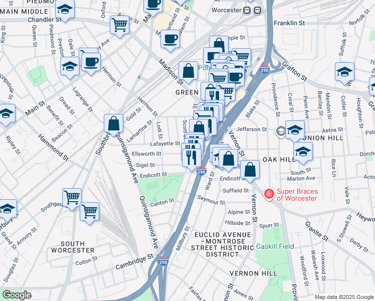 map of restaurants, bars, coffee shops, grocery stores, and more near 11 Ellsworth Street in Worcester