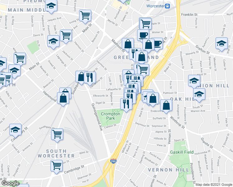 map of restaurants, bars, coffee shops, grocery stores, and more near 31 Ellsworth Street in Worcester