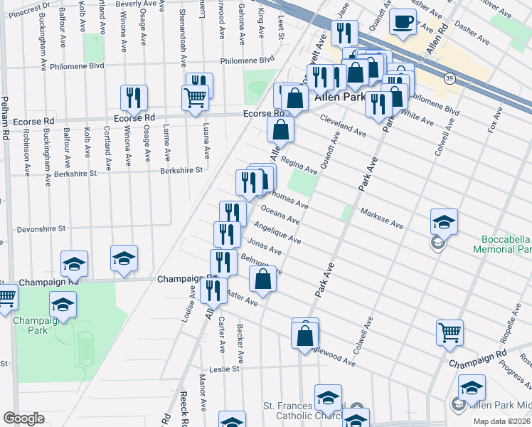 map of restaurants, bars, coffee shops, grocery stores, and more near 5800 Angelique Avenue in Allen Park