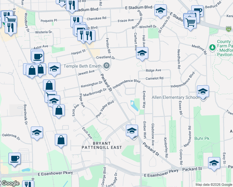 map of restaurants, bars, coffee shops, grocery stores, and more near 2441 Mulberry Court in Ann Arbor