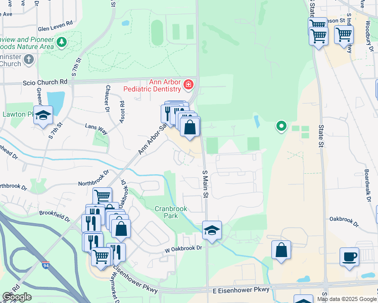 map of restaurants, bars, coffee shops, grocery stores, and more near 111 Fieldcrest Street in Ann Arbor