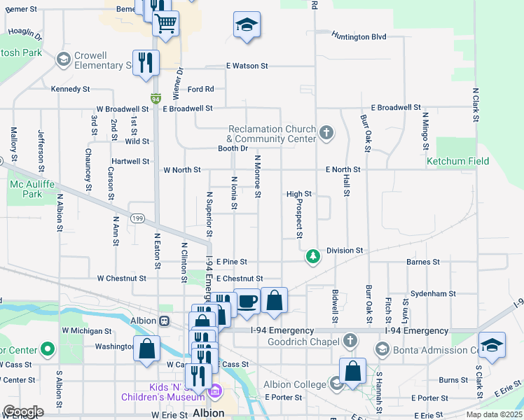 map of restaurants, bars, coffee shops, grocery stores, and more near 814 North Monroe Street in Albion