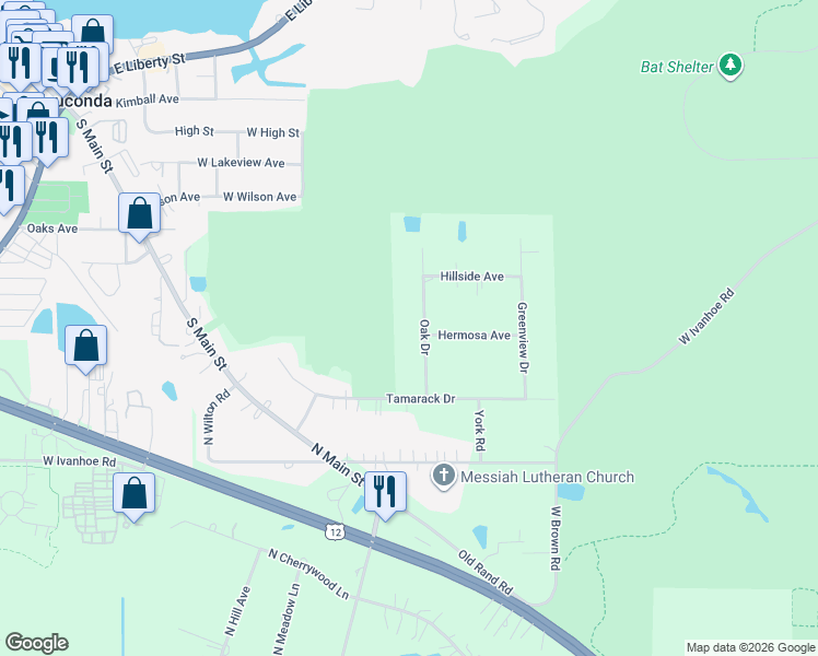 map of restaurants, bars, coffee shops, grocery stores, and more near 26774 Oak Drive in Wauconda