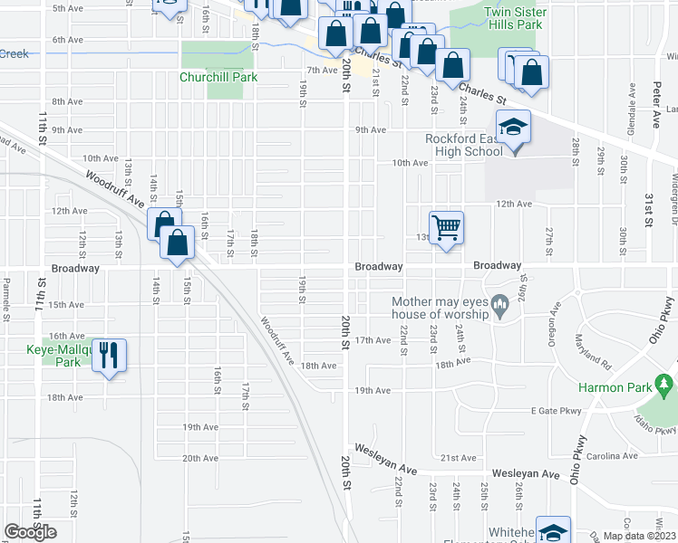 map of restaurants, bars, coffee shops, grocery stores, and more near 2335 Broadway in Rockford