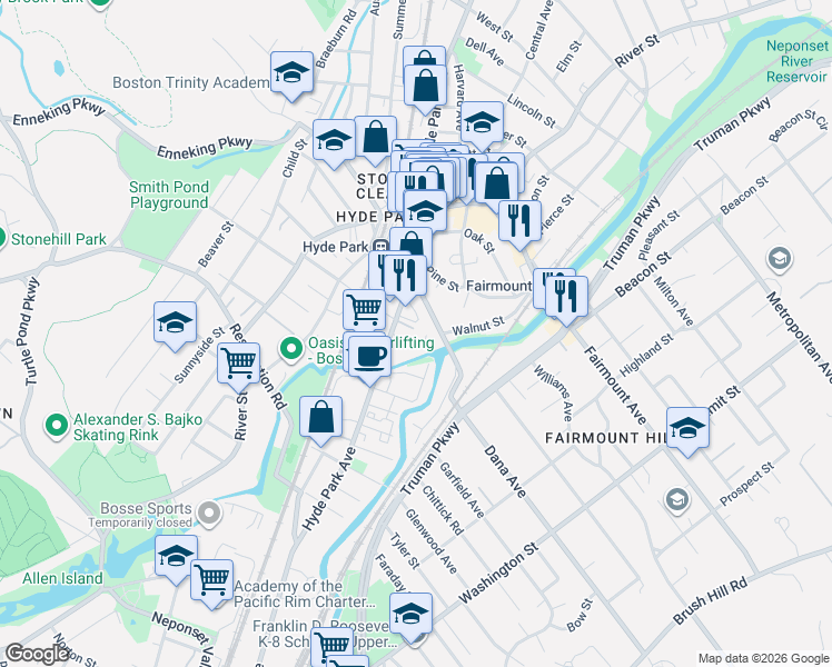 map of restaurants, bars, coffee shops, grocery stores, and more near 1344 Hyde Park Avenue in Boston