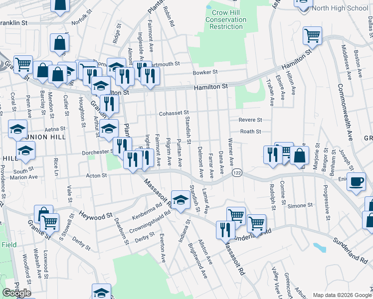 map of restaurants, bars, coffee shops, grocery stores, and more near 50 Standish Street in Worcester