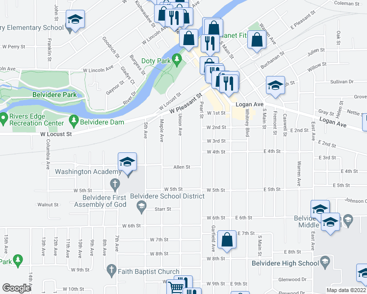 map of restaurants, bars, coffee shops, grocery stores, and more near 822 Union Avenue in Belvidere