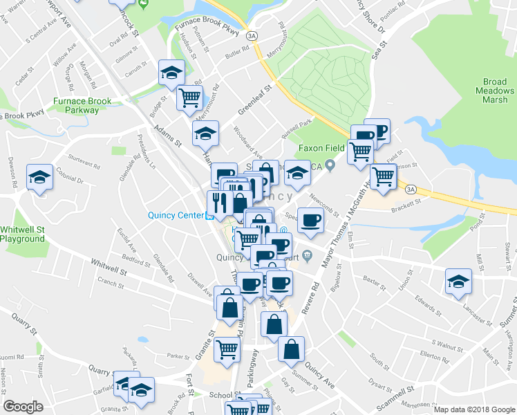 map of restaurants, bars, coffee shops, grocery stores, and more near 1266 Hancock Street in Quincy