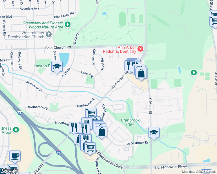 map of restaurants, bars, coffee shops, grocery stores, and more near 2295 Chaucer Drive in Ann Arbor