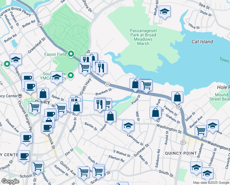 map of restaurants, bars, coffee shops, grocery stores, and more near 99 Brackett Street in Quincy