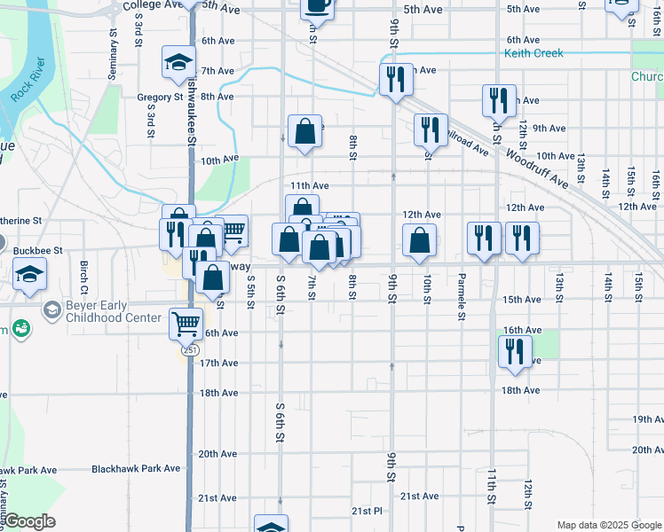 map of restaurants, bars, coffee shops, grocery stores, and more near 1120 Broadway in Rockford