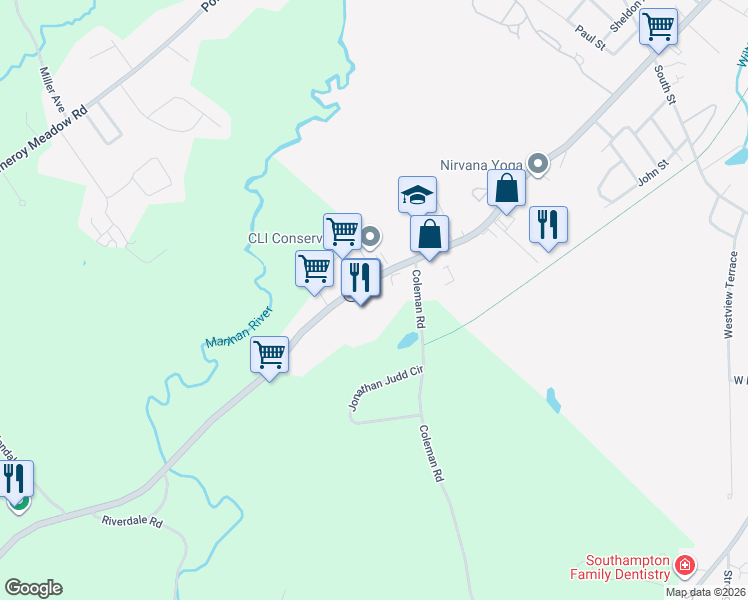 map of restaurants, bars, coffee shops, grocery stores, and more near 15 College Highway in Southampton
