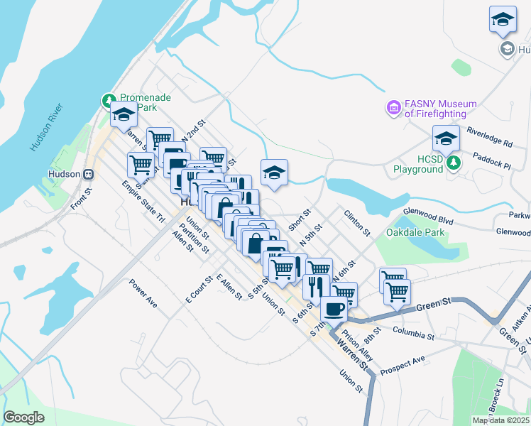 map of restaurants, bars, coffee shops, grocery stores, and more near 360 State Street in Hudson