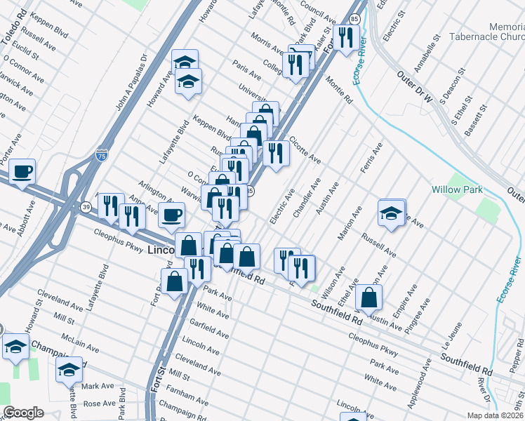map of restaurants, bars, coffee shops, grocery stores, and more near 1606 Electric Avenue in Lincoln Park