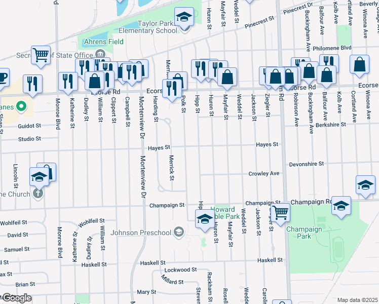 map of restaurants, bars, coffee shops, grocery stores, and more near 7754 Polk Street in Taylor