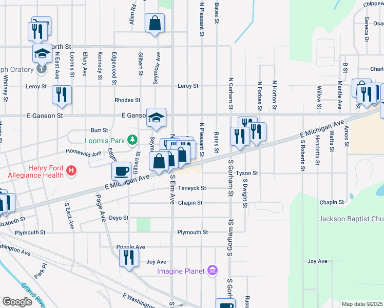 map of restaurants, bars, coffee shops, grocery stores, and more near 1706 East Michigan Avenue in Jackson