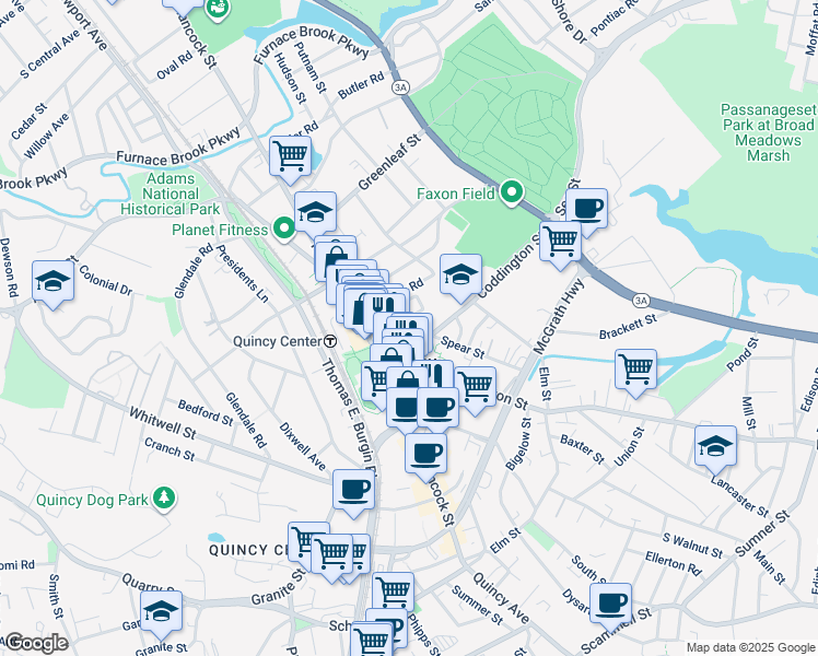 map of restaurants, bars, coffee shops, grocery stores, and more near 10 Faxon Avenue in Quincy
