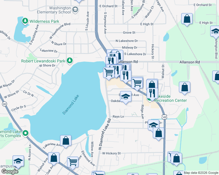 map of restaurants, bars, coffee shops, grocery stores, and more near 755 North Diamond Lake Road in Mundelein