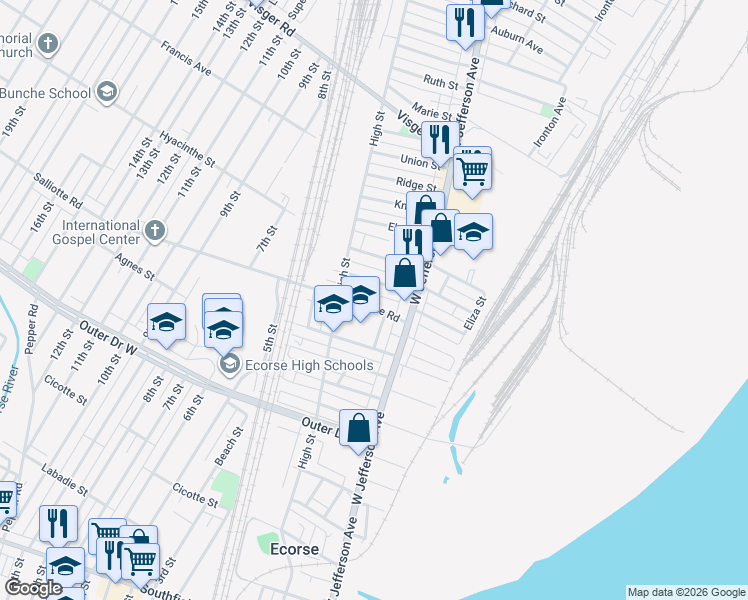 map of restaurants, bars, coffee shops, grocery stores, and more near 19 Salliotte Road in Ecorse