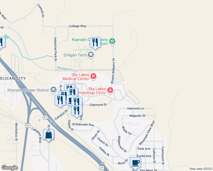 map of restaurants, bars, coffee shops, grocery stores, and more near 2200 Bryant Williams Drive in Klamath Falls