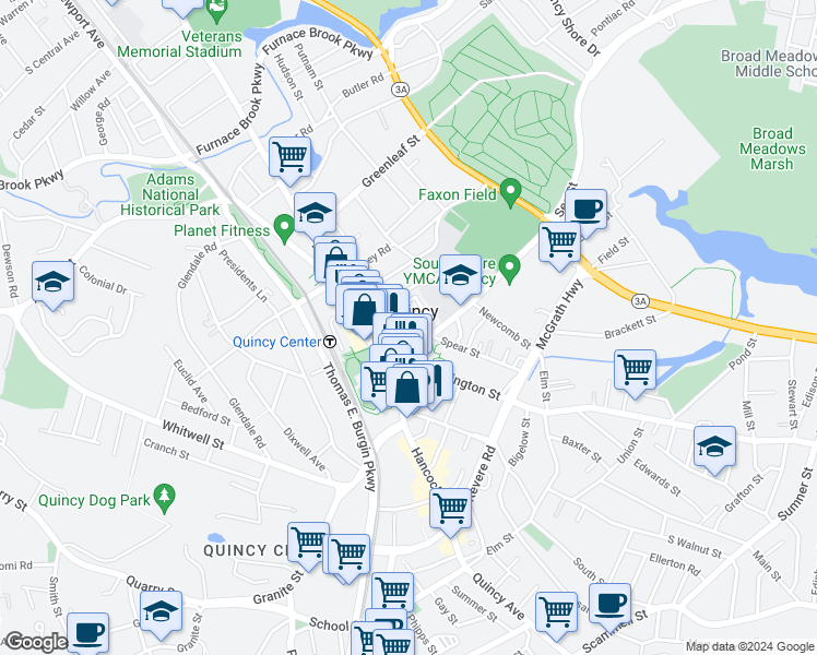 map of restaurants, bars, coffee shops, grocery stores, and more near in Quincy