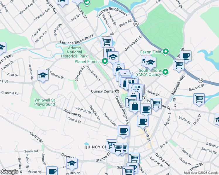 map of restaurants, bars, coffee shops, grocery stores, and more near 140 Presidents Lane in Quincy