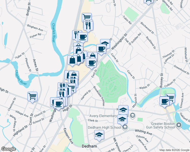 map of restaurants, bars, coffee shops, grocery stores, and more near 12 Demetra Terrace in Dedham
