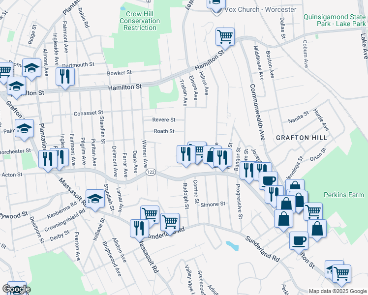 map of restaurants, bars, coffee shops, grocery stores, and more near 63 Trahan Avenue in Worcester