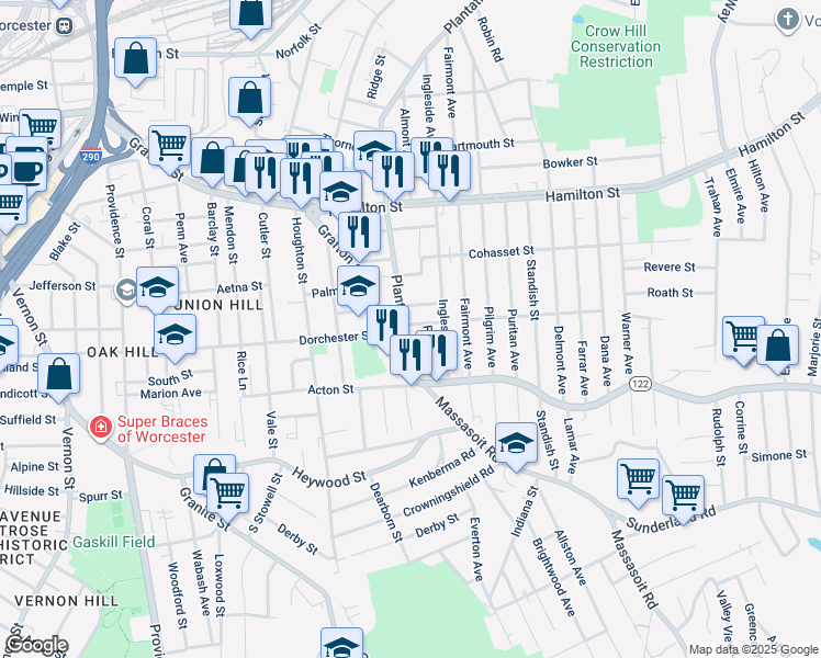 map of restaurants, bars, coffee shops, grocery stores, and more near 23 Rugby Street in Worcester