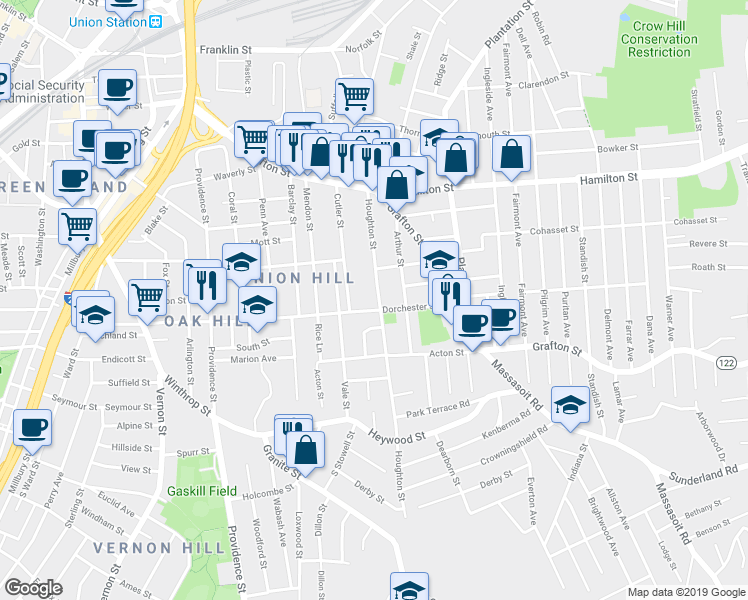 map of restaurants, bars, coffee shops, grocery stores, and more near 144 Dorchester Street in Worcester