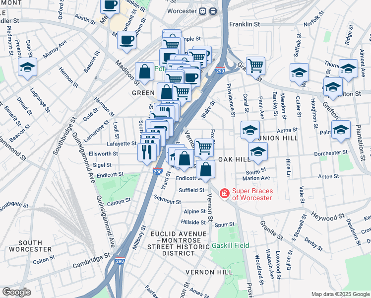 map of restaurants, bars, coffee shops, grocery stores, and more near 31 Ward Street in Worcester