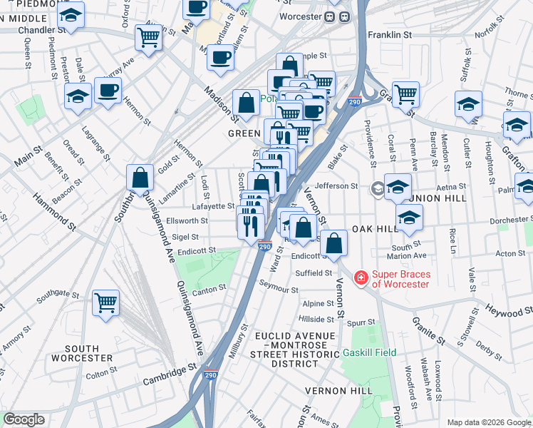 map of restaurants, bars, coffee shops, grocery stores, and more near 117 Millbury Street in Worcester