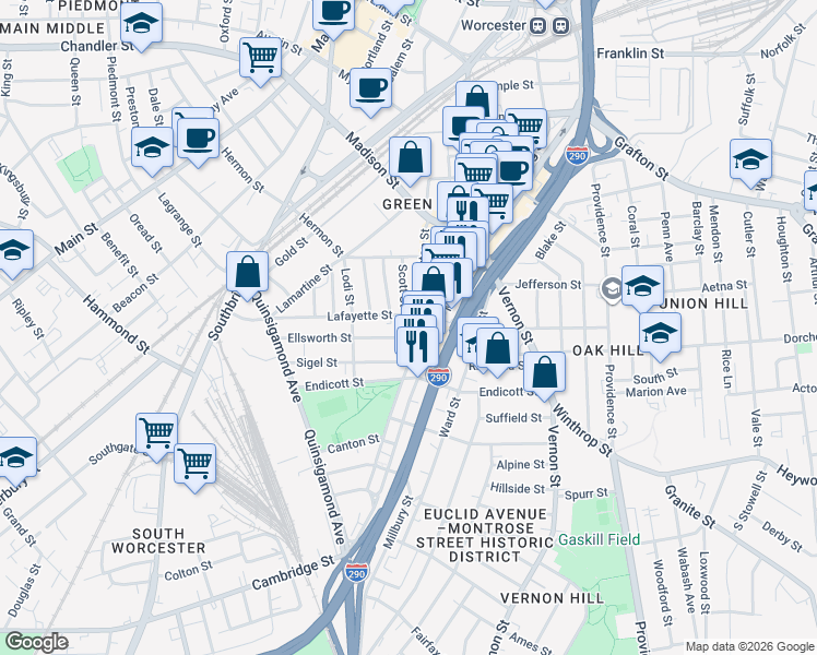 map of restaurants, bars, coffee shops, grocery stores, and more near 11 Ellsworth Street in Worcester